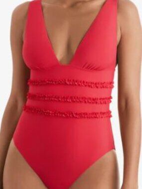Mimi Flamingo Women’s Red Ruffle One-Piece Swimsuit Size 10